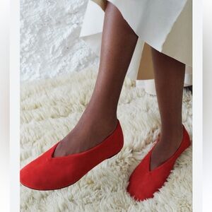 Zara Red Suede Leather Ballet Flats Shoes ballerina Round toe Size 6.5 37 NWOT